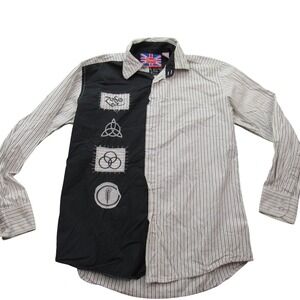 Led Zeppelin Mens Long Sleeve Button Up Shirt Black White Stripe Graphic Size L